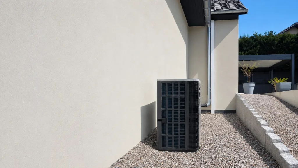 Unité extérieure de pompe à chaleur installée le long d'une maison