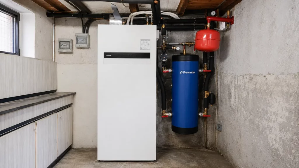 Pompe à chaleur Panasonic avec ballon tampon Thermador dans un local technique