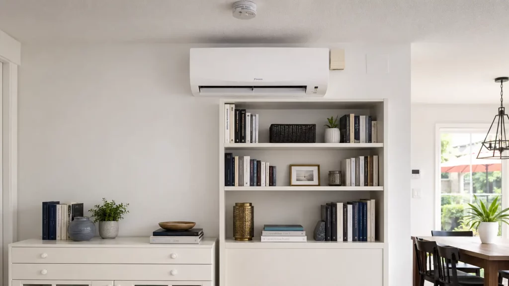 Climatisation Daikin intégrée au-dessus d'un meuble bibliothèque