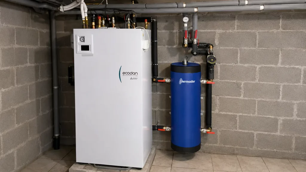 Module intérieur Mitsubishi Electric Ecodan raccordé à un ballon tampon Thermador dans un local technique