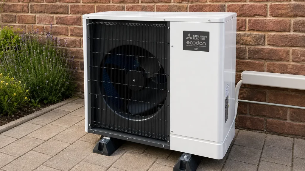 Unité extérieure de pompe à chaleur Mitsubishi Electric Ecodan R32 installée contre une façade en briques